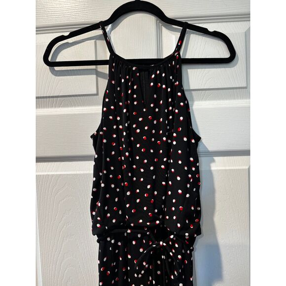 Wisp Black Jumpsuit Size 6 White & Red Polka Dots Keyhole V Neckline Belted - Picture 3 of 9